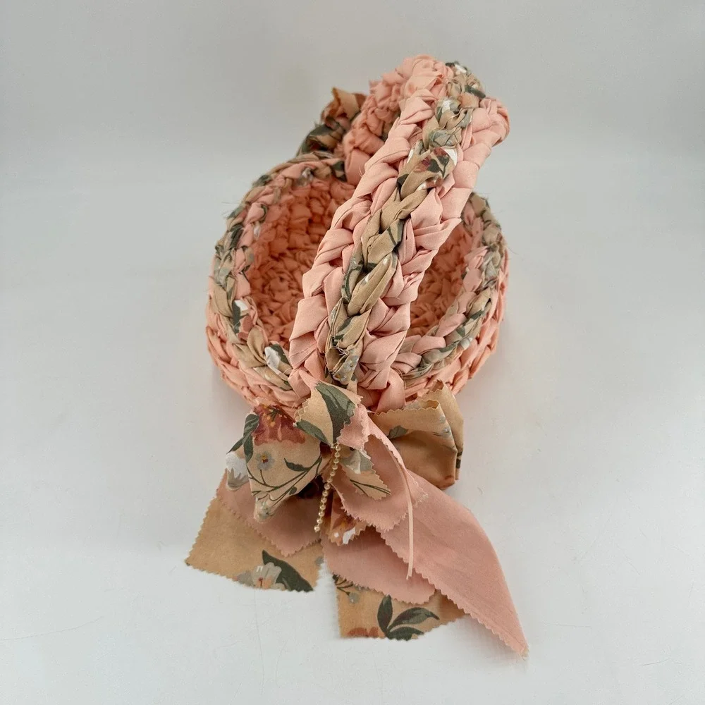 Handmade Peach Floral Woven Fabric Basket with Bows and Pearls Cottagecore Decor